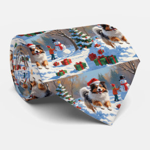 Shetland Sheepdog Running Snow With Christmas Hat Neck Tie