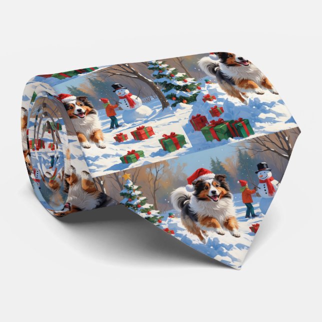 Shetland Sheepdog Running Snow With Christmas Hat Neck Tie (Rolled)