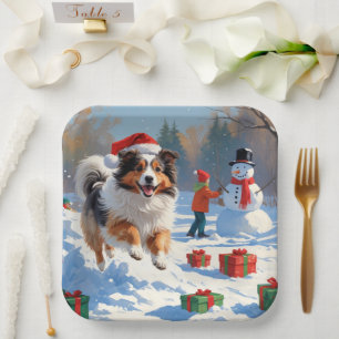 Shetland Sheepdog Running Snow With Christmas Hat Paper Plates