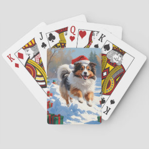 Shetland Sheepdog Running Snow With Christmas Hat Poker Cards