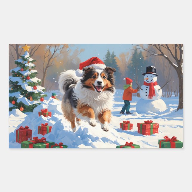 Shetland Sheepdog Running Snow With Christmas Hat Rectangular Sticker (Front)