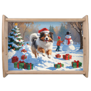 Shetland Sheepdog Running Snow With Christmas Hat Serving Tray
