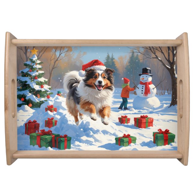Shetland Sheepdog Running Snow With Christmas Hat Serving Tray (Front)