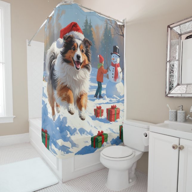 Shetland Sheepdog Running Snow With Christmas Hat Shower Curtain (In Situ)
