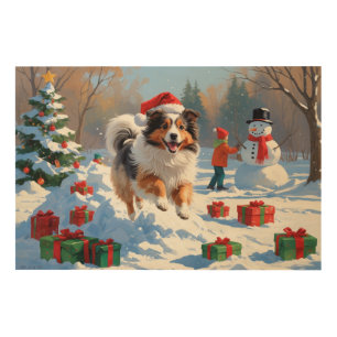 Shetland Sheepdog Running Snow With Christmas Hat Wood Wall Art