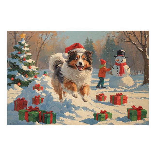 Shetland Sheepdog Running Snow With Christmas Hat Wood Wall Art (Front)