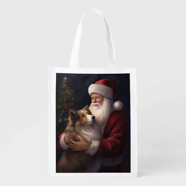 Shetland Sheepdog Santa Claus Festive Christmas Grocery Bag (Front)