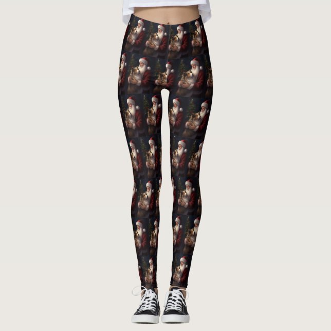 Shetland Sheepdog Santa Claus Festive Christmas Leggings (Front)