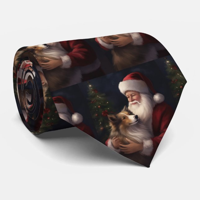 Shetland Sheepdog Santa Claus Festive Christmas Neck Tie (Rolled)