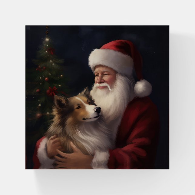 Shetland Sheepdog Santa Claus Festive Christmas Paperweight (Front)