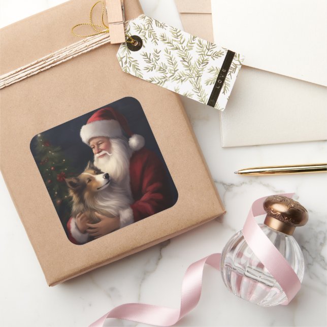 Shetland Sheepdog Santa Claus Festive Christmas Square Sticker (Gifting)