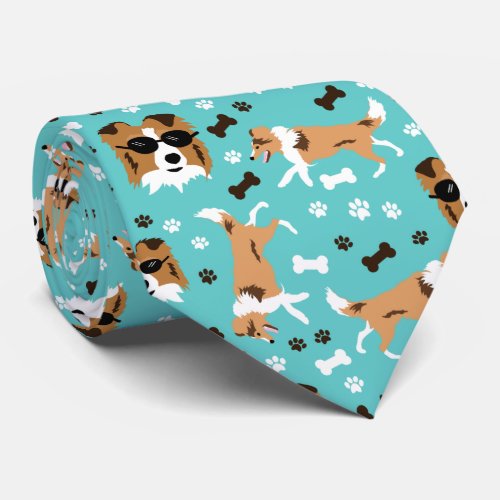 Shetland Sheepdog Sheltie Aqua Paw Print Neck Tie