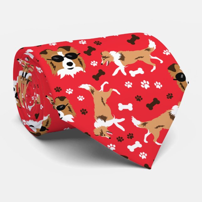 Shetland Sheepdog Sheltie Red Paw Print Neck Tie (Rolled)