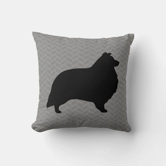 Shetland Sheepdog Silhouette Grey Herringbone Throw Pillow (Front)