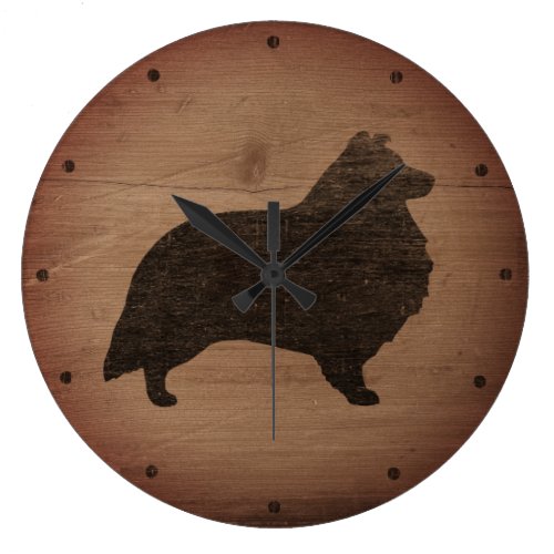 Shetland Sheepdog Silhouette Rustic Large Clock