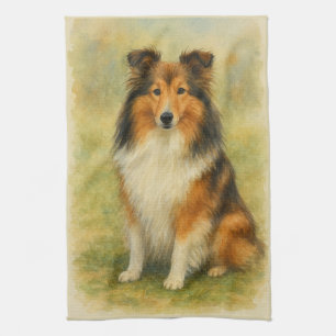 Shetland Sheepdog Sitting Watercolor  Kitchen Towel