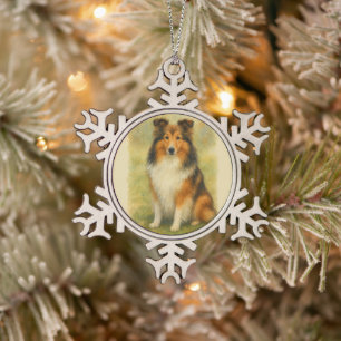 Shetland Sheepdog Sitting Watercolor  Snowflake Pewter Christmas Ornament