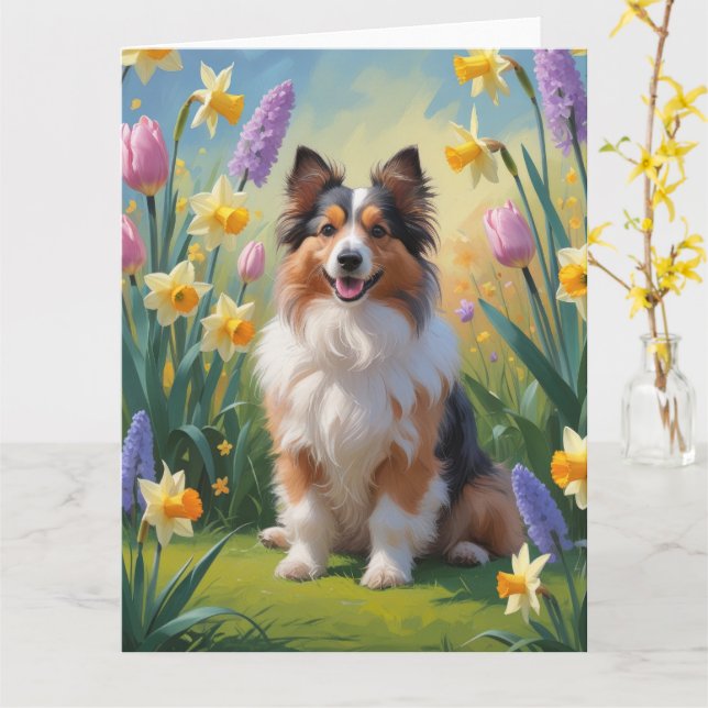 Shetland Sheepdog Spring Flowers Painting Card (Yellow Flower)