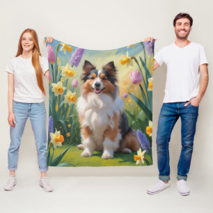 Shetland Sheepdog Spring Flowers Painting Fleece Blanket