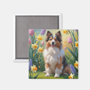 Shetland Sheepdog Spring Flowers Painting Magnet