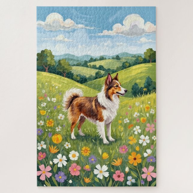 Shetland Sheepdog Spring Meadow Floral Dog Jigsaw Puzzle (Vertical)