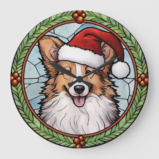 Shetland Sheepdog Stained Glass Christmas Large Clock (Front)