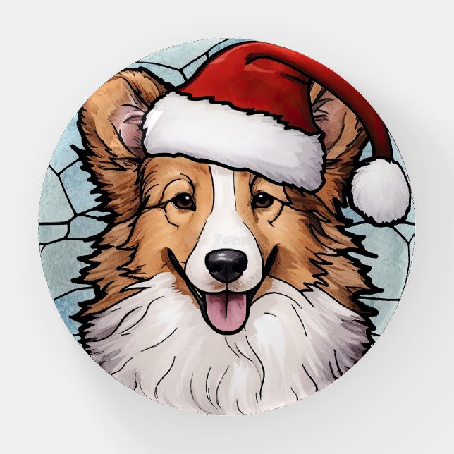 Shetland Sheepdog Stained Glass Christmas Paperweight (Front)