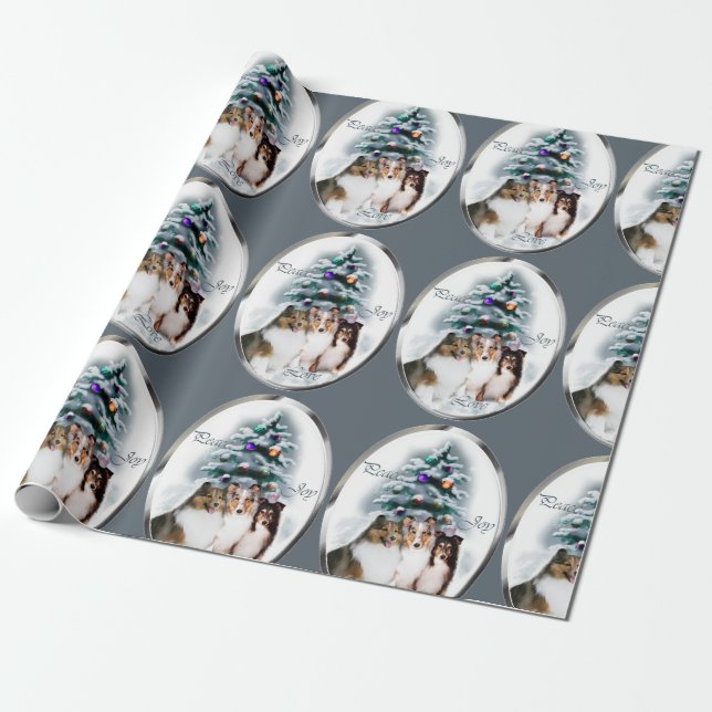 Shetland Sheepdog Trio Christmas Wrapping Paper (Unrolled)