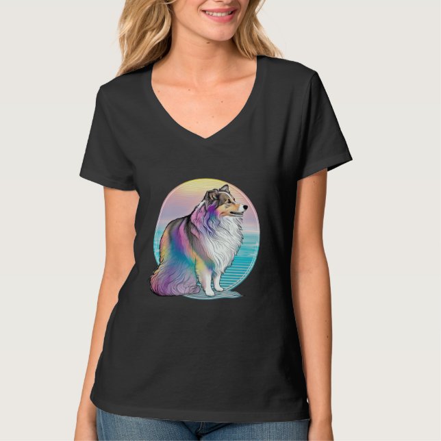 Shetland Sheepdog Vaporwave Retrowave Aesthetic T-Shirt (Front)