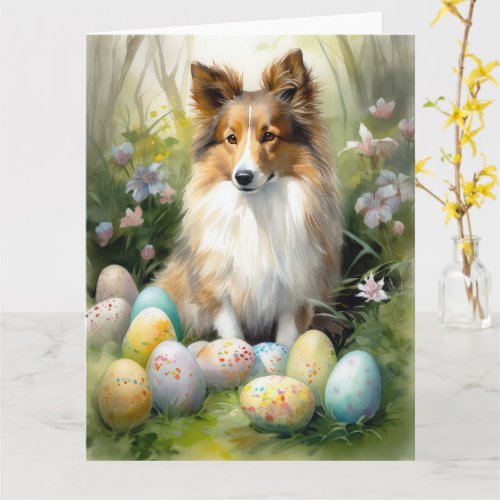 Shetland Sheepdog with Easter Eggs Holiday Card