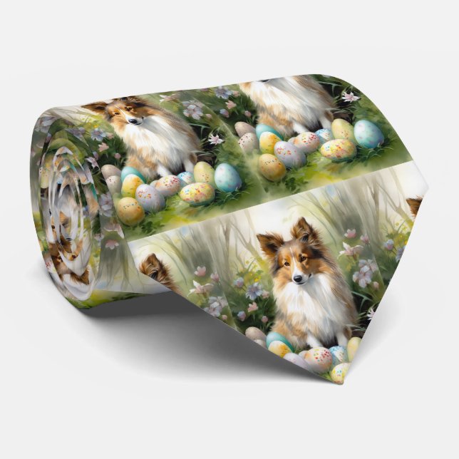 Shetland Sheepdog with Easter Eggs Holiday Neck Tie (Rolled)