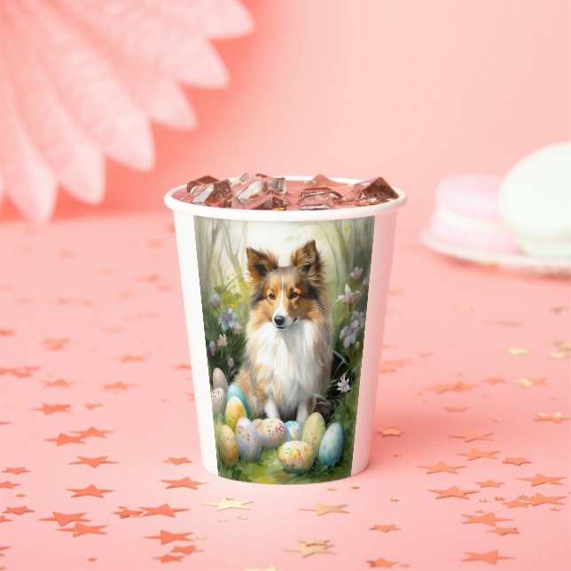 Shetland Sheepdog with Easter Eggs Holiday Paper Cups (Insitu)