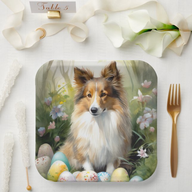 Shetland Sheepdog with Easter Eggs Holiday Paper Plates (Wedding)