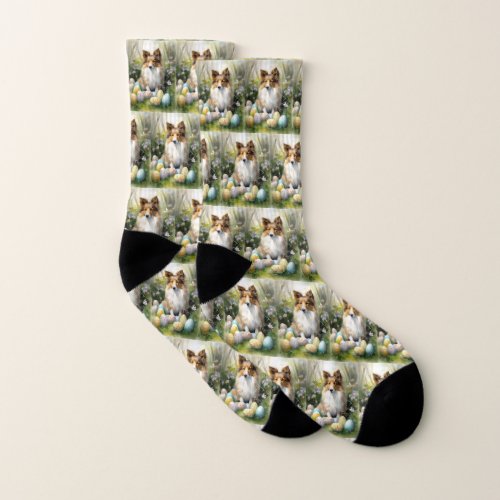 Shetland Sheepdog with Easter Eggs Holiday Socks