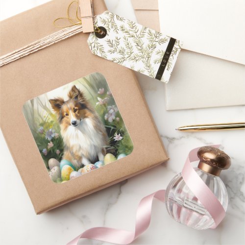 Shetland Sheepdog with Easter Eggs Holiday Square Sticker