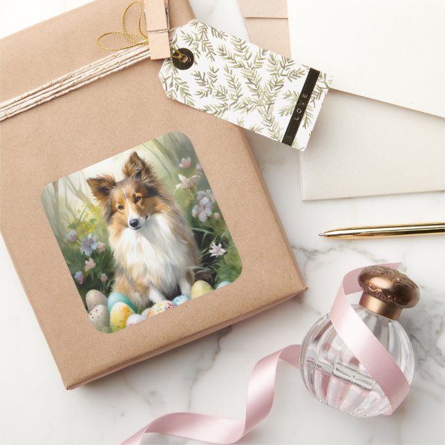 Shetland Sheepdog with Easter Eggs Holiday Square Sticker (Gifting)
