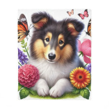 Shetland Sheepdog with Flowers and Butterflies