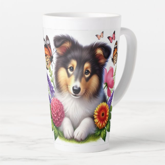 Shetland Sheepdog with Flowers and Butterflies Latte Mug (Right Angle)