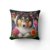 Shetland Sheepdog with Flowers and Butterflies