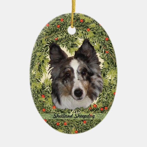 Shetland Sheepdog Wreath Ceramic Ornament