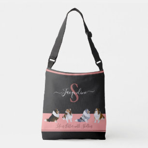 Shetland Sheepdogs, Row of Shelties, Black & Pink Crossbody Bag
