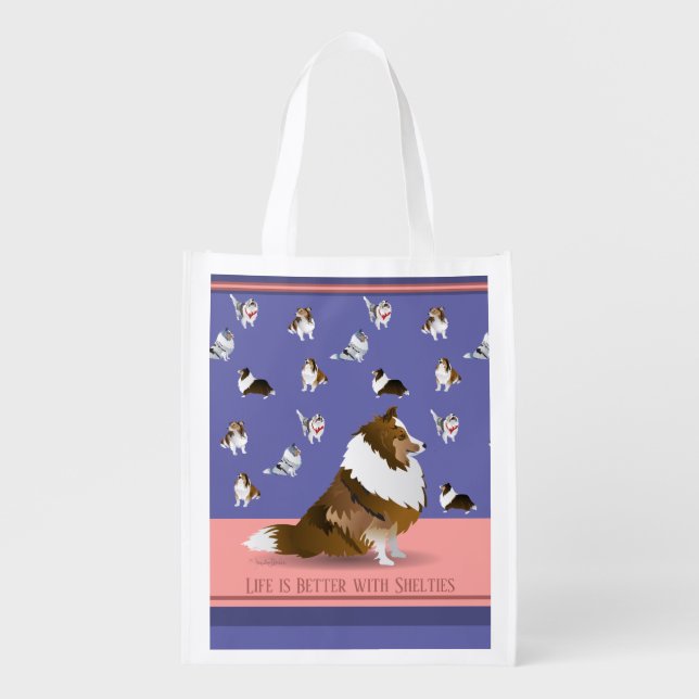 Shetland Sheepdogs, Sable Sheltie, Purple & Pink Grocery Bag (Front)