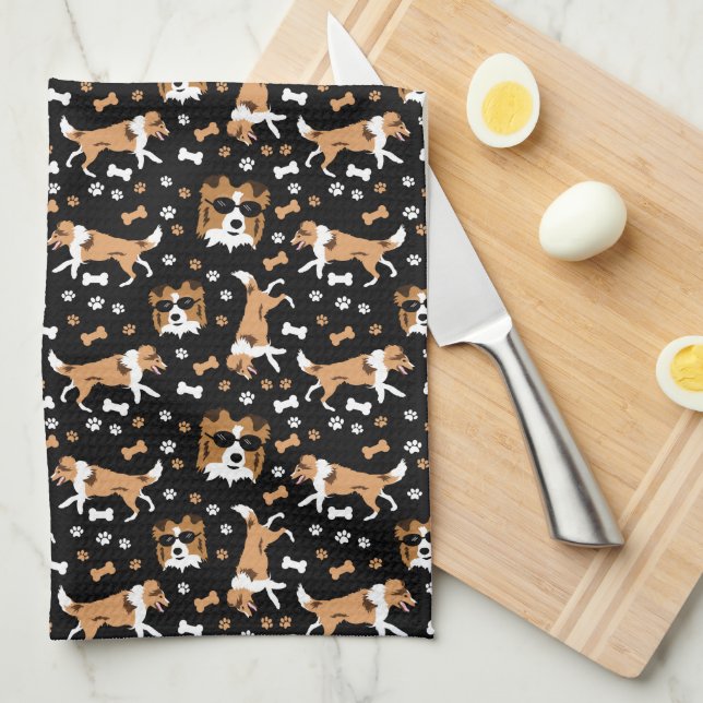 Shetland Sheepdogs Sheltie Black Kitchen Towel (Quarter Fold)