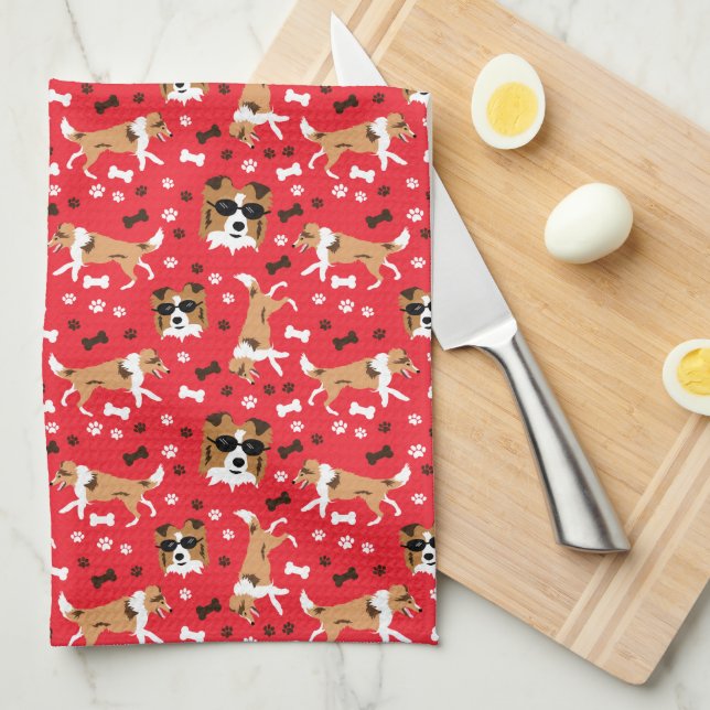 Shetland Sheepdogs Sheltie Red Kitchen Towel (Quarter Fold)
