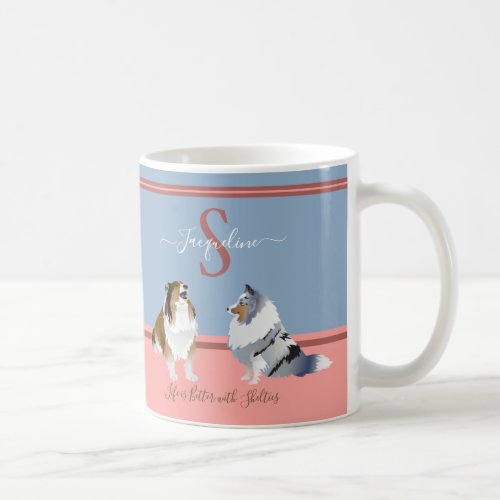 Shetland Sheepdogs Shelties on Blue  Pink Coffee Mug