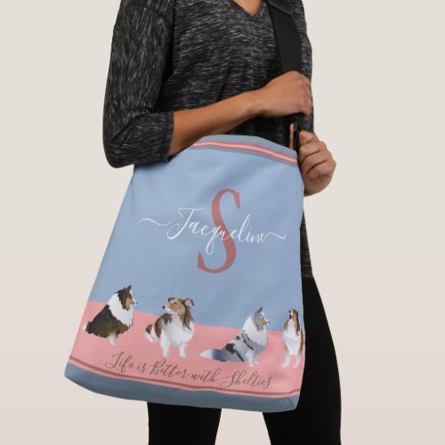 Shetland Sheepdogs Shelties on Blue  Pink Crossbody Bag