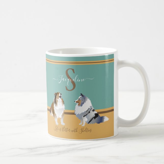 Shetland Sheepdogs, Shelties, on Green & Yellow Coffee Mug (Right)