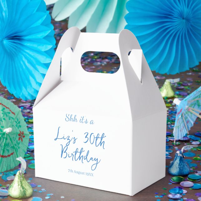 shh its a 30th birthday name date blue simple mini favor boxes (Party)