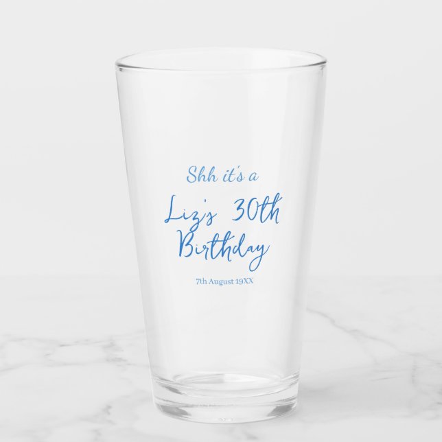 shh its a 30th birthday name date blue simple mini glass (Front)