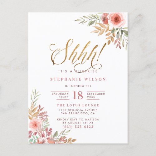 Shh Its A Surprise  Chic Script Birthday Party Invitation Postcard